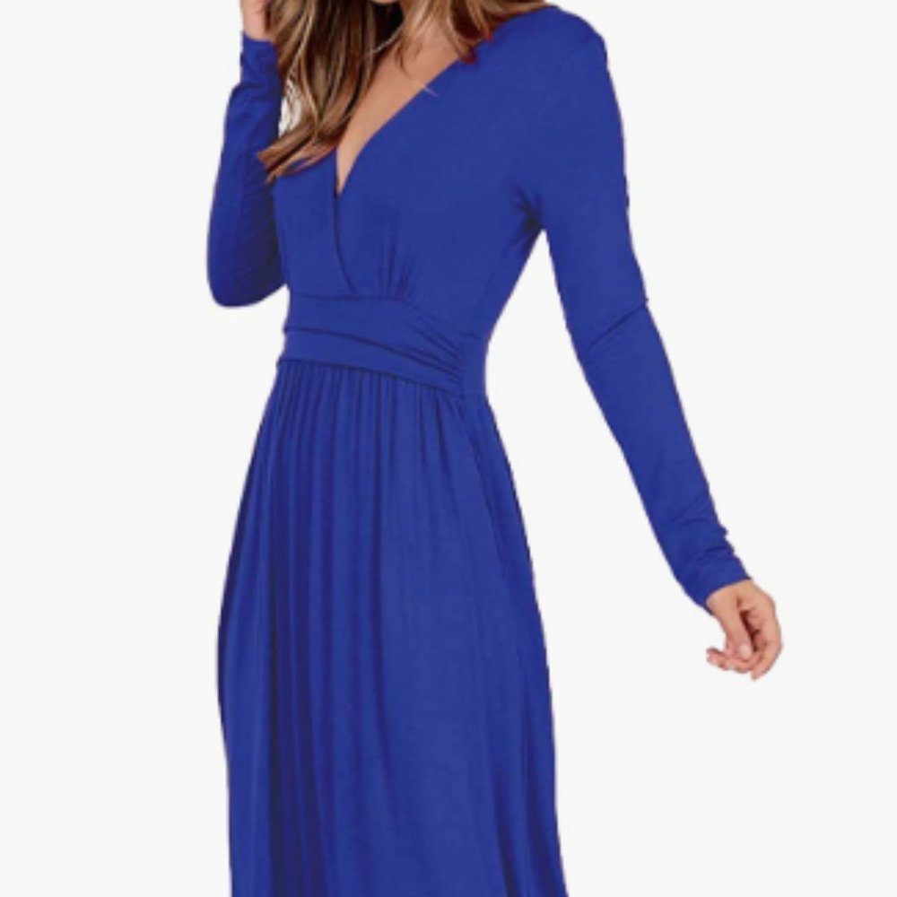Women's Long Sleeve V-Neck Wrap Waist Pockets Pleated Maxi Dress in Blue